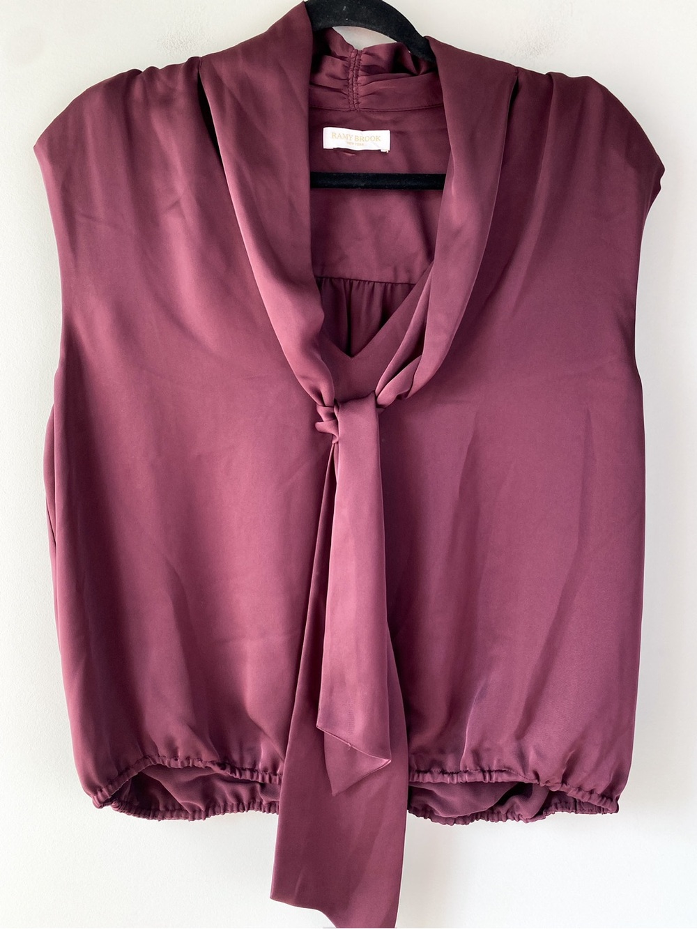 Ramy Brook Womens Satin Blouse L Burgundy Plum Tie Neck Draped Quiet Luxury